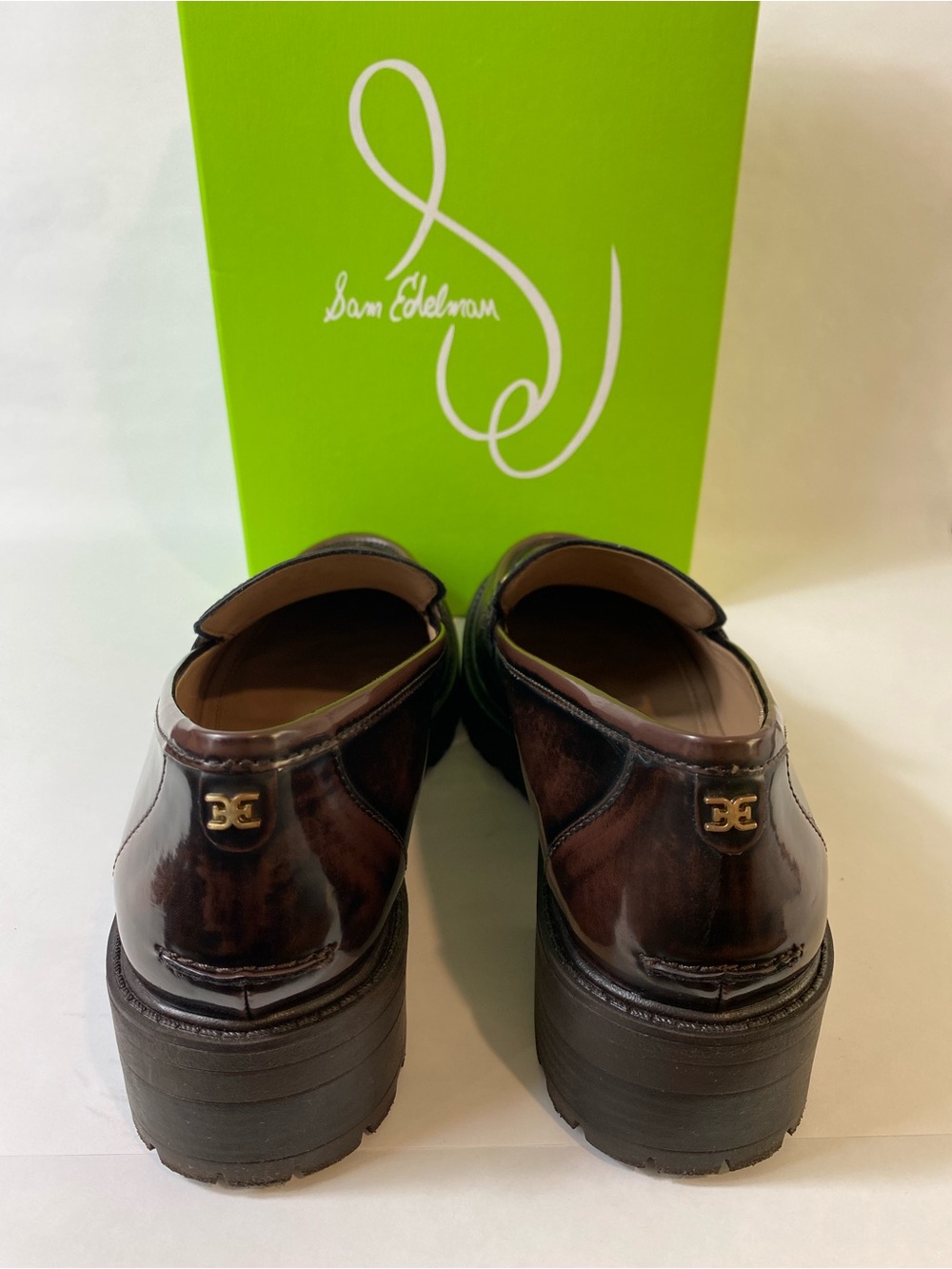 Sam Edelman Dark Brown Patent Leather Loafers with Gold Chain - Picture 2 of 12